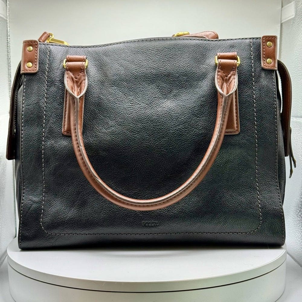 Fossil Black‎ & Brown Leather Satchel / Tote Bag